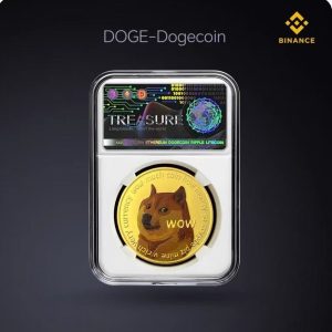 Dogecoin physical gift box, cryptocurrency metal coin collectible.