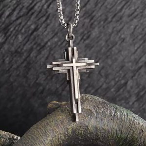 Three-layered retro cross pendant necklace, a unique, luxurious, and sophisticated American-style cross necklace.